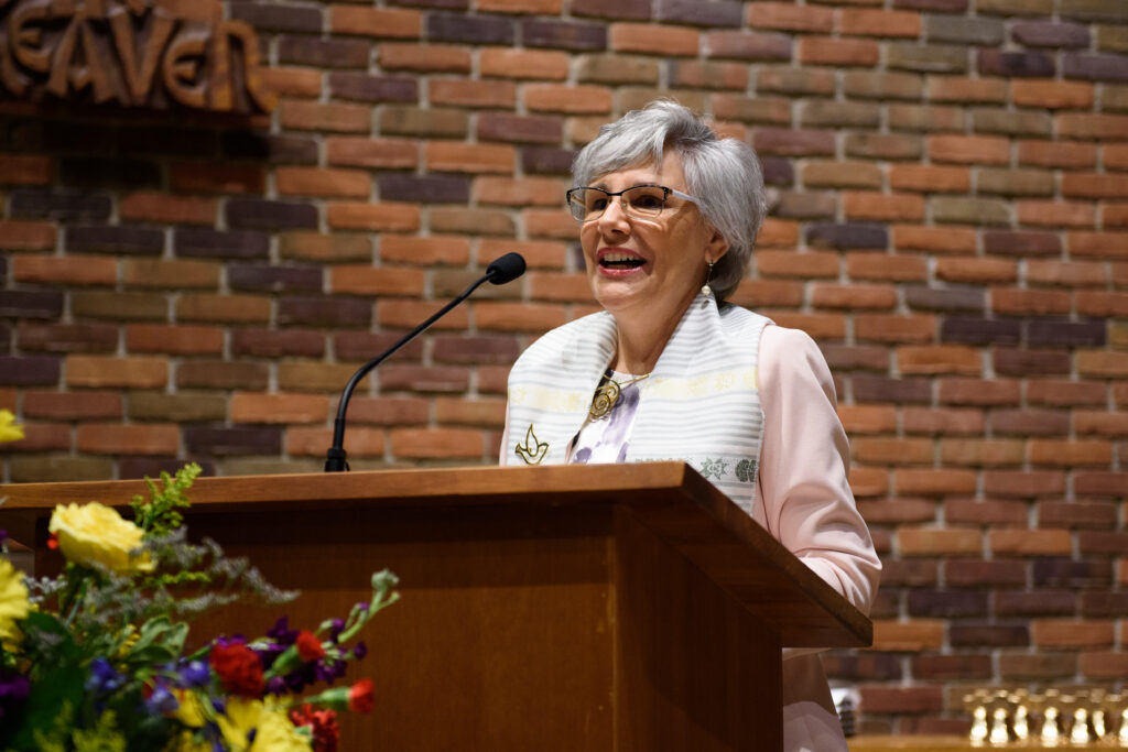 Elizabeth Soto Albrecht, DMin, author, educator and church leader, gives the address at Anabaptist Mennonite Biblical Seminary’s 2023 Commencement Service on April 29. (Credit: Jason Bryant)