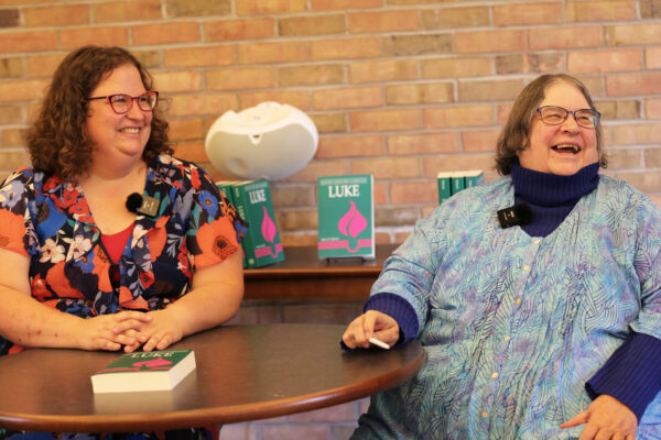 Jackie Wyse-Rhodes, PhD, and Mary Schertz, PhD, during an interview of Mary by Jackie on "Our Lives as Scholars" on Aug. 16, 2023. (Credit: Abenezer Dejene)