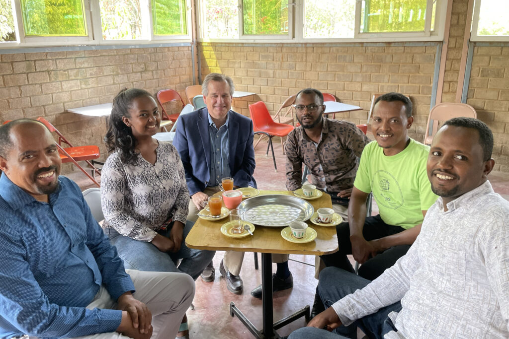 AMBS President David Boshart with MA: Theology and Global Anabaptism students in the Christian Leadership in the 21st Century course he taught at Meserete Kristos Seminary (MKS) in Ethiopia in June 2022 through AMBS’s partnership with MKS. (l. to r.): Girma Bossen (MA 2023), Hasset (Joy) Shimeles, Boshart, Kassu Ayele, Desta Debele (MA 2023) and Aschalew Fikadu. (Photo provided)