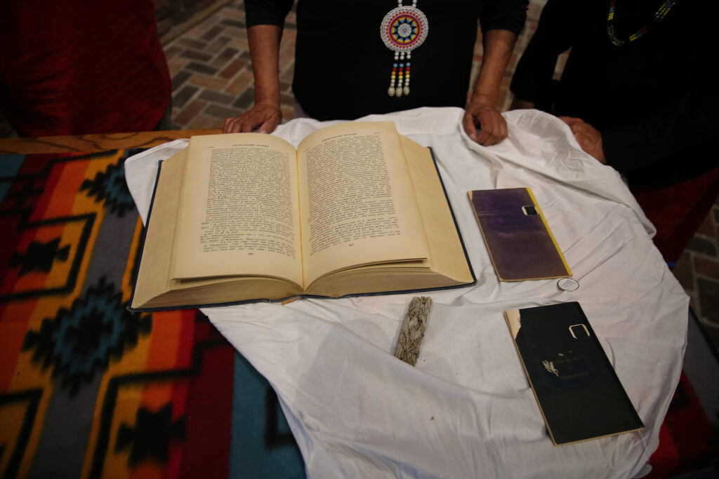 The 1,126-page English-Cheyenne Dictionary and two copies of Zistxuistō [Cheyenne Reading Book] that were returned to the Southern Cheyenne Mennonite community in a special transfer ceremony on Oct. 3 at Anabaptist Mennonite Biblical Seminary, Elkhart, Indiana. (Credit: Abenezer Dejene)