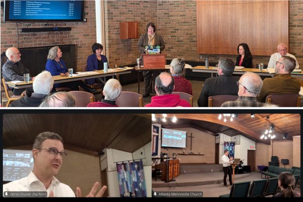 (top) Janeen Bertsche Johnson, MDiv, of Goshen, Indiana (center), gives her AMBS Doctor of Ministry in Leadership professional dissertation presentation to listeners at AMBS in Elkhart, Indiana, and via Zoom on Jan. 29, 2026. (bottom) James Rissler, PhD, of Macon, Georgia, gives his AMBS Doctor of Ministry in Leadership professional dissertation presentation to listeners at Atlanta (Georgia) Mennonite Church and via Zoom on March 4, 2026.