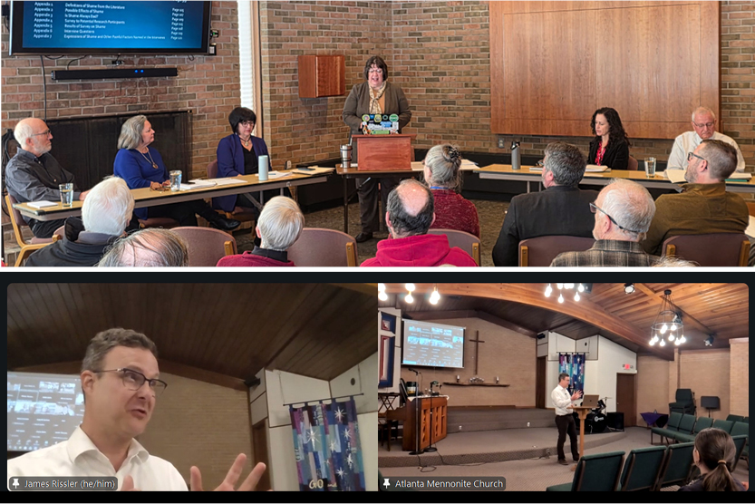 (top) Janeen Bertsche Johnson, MDiv, of Goshen, Indiana (center), gives her AMBS Doctor of Ministry in Leadership professional dissertation presentation to listeners at AMBS in Elkhart, Indiana, and via Zoom on Jan. 29, 2026. (bottom) James Rissler, PhD, of Macon, Georgia, gives his AMBS Doctor of Ministry in Leadership professional dissertation presentation to listeners at Atlanta (Georgia) Mennonite Church and via Zoom on March 4, 2026.