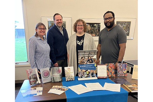 Above (l. to r.): Rena LeBlanc, Institute of Mennonite Studies (IMS) Student Assistant; Jamie Pitts, PhD, IMS Director; Jackie Wyse-Rhodes, PhD, IMS Associate Director; and Abenezer Shimeles Dejene, MDiv, Interim IMS Coordinator; at the IMS Celebration. (Credit: Annette Brill Bergstresser/AMBS)